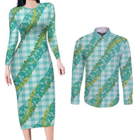 Hawaii Jade Vine Lei Couples Matching Long Sleeve Bodycon Dress and Long Sleeve Button Shirt Aloha Palaka Motif - Turquoise LT14 Turquoise - Polynesian Pride