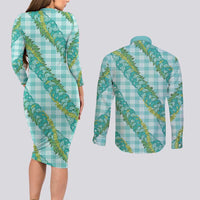 Hawaii Jade Vine Lei Couples Matching Long Sleeve Bodycon Dress and Long Sleeve Button Shirt Aloha Palaka Motif - Turquoise LT14 - Polynesian Pride