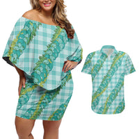 Hawaii Jade Vine Lei Couples Matching Off Shoulder Short Dress and Hawaiian Shirt Aloha Palaka Motif - Turquoise LT14 Turquoise - Polynesian Pride
