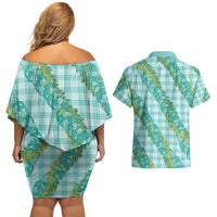 Hawaii Jade Vine Lei Couples Matching Off Shoulder Short Dress and Hawaiian Shirt Aloha Palaka Motif - Turquoise LT14 - Polynesian Pride