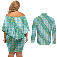 Hawaii Jade Vine Lei Couples Matching Off Shoulder Short Dress and Long Sleeve Button Shirt Aloha Palaka Motif - Turquoise LT14 - Polynesian Pride