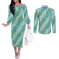 Hawaii Jade Vine Lei Couples Matching Off The Shoulder Long Sleeve Dress and Long Sleeve Button Shirt Aloha Palaka Motif - Turquoise LT14 Turquoise - Polynesian Pride