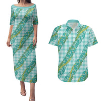 Hawaii Jade Vine Lei Couples Matching Puletasi and Hawaiian Shirt Aloha Palaka Motif - Turquoise LT14 Turquoise - Polynesian Pride