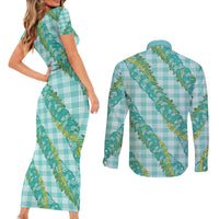 Hawaii Jade Vine Lei Couples Matching Short Sleeve Bodycon Dress and Long Sleeve Button Shirt Aloha Palaka Motif - Turquoise LT14 - Polynesian Pride