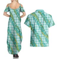 Hawaii Jade Vine Lei Couples Matching Summer Maxi Dress and Hawaiian Shirt Aloha Palaka Motif - Turquoise LT14 - Polynesian Pride