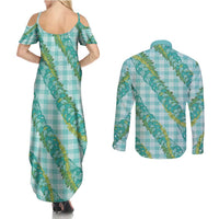 Hawaii Jade Vine Lei Couples Matching Summer Maxi Dress and Long Sleeve Button Shirt Aloha Palaka Motif - Turquoise LT14 - Polynesian Pride
