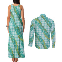 Hawaii Jade Vine Lei Couples Matching Tank Maxi Dress and Long Sleeve Button Shirt Aloha Palaka Motif - Turquoise LT14 - Polynesian Pride