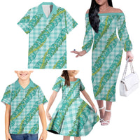 Hawaii Jade Vine Lei Family Matching Off The Shoulder Long Sleeve Dress and Hawaiian Shirt Aloha Palaka Motif - Turquoise LT14 - Polynesian Pride