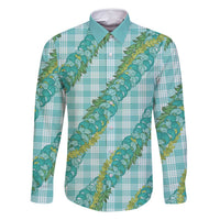 Hawaii Jade Vine Lei Family Matching Tank Maxi Dress and Hawaiian Shirt Aloha Palaka Motif - Turquoise LT14 Dad's Shirt - Long Sleeve Turquoise - Polynesian Pride
