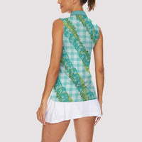 Hawaii Jade Vine Lei Women Sleeveless Polo Shirt Aloha Palaka Motif - Turquoise LT14 - Polynesian Pride
