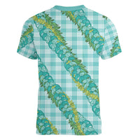 Hawaii Jade Vine Lei Women V-Neck T-Shirt Aloha Palaka Motif - Turquoise LT14 - Polynesian Pride