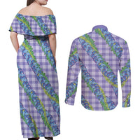 Hawaii Jade Vine Lei Couples Matching Off Shoulder Maxi Dress and Long Sleeve Button Shirt Aloha Palaka Motif - Purple LT14 - Polynesian Pride