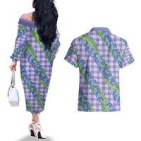 Hawaii Jade Vine Lei Couples Matching Off The Shoulder Long Sleeve Dress and Hawaiian Shirt Aloha Palaka Motif - Purple LT14 - Polynesian Pride