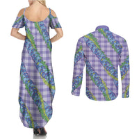 Hawaii Jade Vine Lei Couples Matching Summer Maxi Dress and Long Sleeve Button Shirt Aloha Palaka Motif - Purple LT14 - Polynesian Pride