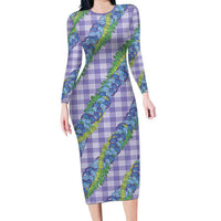Hawaii Jade Vine Lei Long Sleeve Bodycon Dress Aloha Palaka Motif - Purple LT14 Long Dress Purple - Polynesian Pride