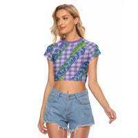 Hawaii Jade Vine Lei Raglan Cropped T Shirt Aloha Palaka Motif - Purple - Polynesian Pride