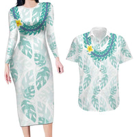 Jade Vine Lei Hawaii Couples Matching Long Sleeve Bodycon Dress and Hawaiian Shirt Aloha Seamless Tropical Leaves LT14 White - Polynesian Pride