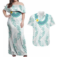 Jade Vine Lei Hawaii Couples Matching Off Shoulder Maxi Dress and Hawaiian Shirt Aloha Seamless Tropical Leaves LT14 White - Polynesian Pride