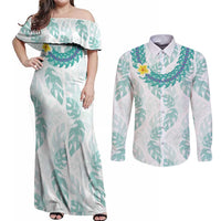 Jade Vine Lei Hawaii Couples Matching Off Shoulder Maxi Dress and Long Sleeve Button Shirt Aloha Seamless Tropical Leaves LT14 White - Polynesian Pride