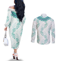 Jade Vine Lei Hawaii Couples Matching Off The Shoulder Long Sleeve Dress and Long Sleeve Button Shirt Aloha Seamless Tropical Leaves LT14 - Polynesian Pride