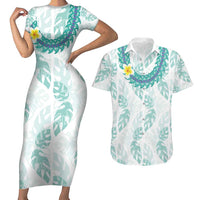 Jade Vine Lei Hawaii Couples Matching Short Sleeve Bodycon Dress and Hawaiian Shirt Aloha Seamless Tropical Leaves LT14 White - Polynesian Pride