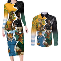 Personalised Rugby 2025 Championship Couples Matching Long Sleeve Bodycon Dress and Long Sleeve Button Shirt Southern Hemisphere Countries Mascots LT14 Black - Polynesian Pride