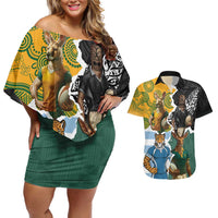 Personalised Rugby 2025 Championship Couples Matching Off Shoulder Short Dress and Hawaiian Shirt Southern Hemisphere Countries Mascots LT14 Black - Polynesian Pride