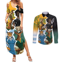 Personalised Rugby 2025 Championship Couples Matching Summer Maxi Dress and Long Sleeve Button Shirt Southern Hemisphere Countries Mascots LT14 Black - Polynesian Pride