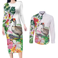 Aloha Hawaii Nene Goose Couples Matching Long Sleeve Bodycon Dress and Long Sleeve Button Shirt Tropical Flowers Watercolor Stylized LT14 White - Polynesian Pride