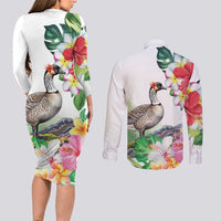 Aloha Hawaii Nene Goose Couples Matching Long Sleeve Bodycon Dress and Long Sleeve Button Shirt Tropical Flowers Watercolor Stylized LT14 - Polynesian Pride