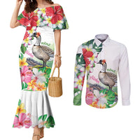 Aloha Hawaii Nene Goose Couples Matching Mermaid Dress and Long Sleeve Button Shirt Tropical Flowers Watercolor Stylized LT14 White - Polynesian Pride