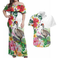 Aloha Hawaii Nene Goose Couples Matching Off Shoulder Maxi Dress and Hawaiian Shirt Tropical Flowers Watercolor Stylized LT14 White - Polynesian Pride
