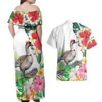 Aloha Hawaii Nene Goose Couples Matching Off Shoulder Maxi Dress and Hawaiian Shirt Tropical Flowers Watercolor Stylized LT14 - Polynesian Pride