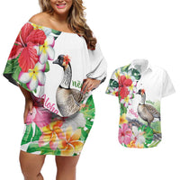 Aloha Hawaii Nene Goose Couples Matching Off Shoulder Short Dress and Hawaiian Shirt Tropical Flowers Watercolor Stylized LT14 White - Polynesian Pride