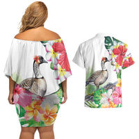 Aloha Hawaii Nene Goose Couples Matching Off Shoulder Short Dress and Hawaiian Shirt Tropical Flowers Watercolor Stylized LT14 - Polynesian Pride