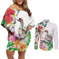 Aloha Hawaii Nene Goose Couples Matching Off Shoulder Short Dress and Long Sleeve Button Shirt Tropical Flowers Watercolor Stylized LT14 White - Polynesian Pride