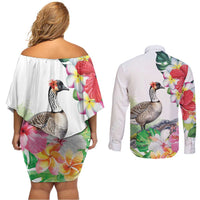 Aloha Hawaii Nene Goose Couples Matching Off Shoulder Short Dress and Long Sleeve Button Shirt Tropical Flowers Watercolor Stylized LT14 - Polynesian Pride