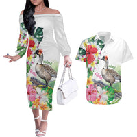 Aloha Hawaii Nene Goose Couples Matching Off The Shoulder Long Sleeve Dress and Hawaiian Shirt Tropical Flowers Watercolor Stylized LT14 White - Polynesian Pride