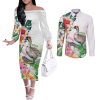 Aloha Hawaii Nene Goose Couples Matching Off The Shoulder Long Sleeve Dress and Long Sleeve Button Shirt Tropical Flowers Watercolor Stylized LT14 White - Polynesian Pride