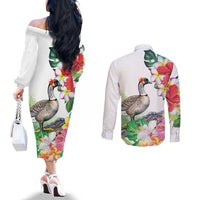 Aloha Hawaii Nene Goose Couples Matching Off The Shoulder Long Sleeve Dress and Long Sleeve Button Shirt Tropical Flowers Watercolor Stylized LT14 - Polynesian Pride