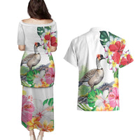 Aloha Hawaii Nene Goose Couples Matching Puletasi and Hawaiian Shirt Tropical Flowers Watercolor Stylized LT14 - Polynesian Pride