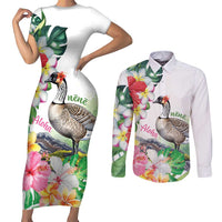 Aloha Hawaii Nene Goose Couples Matching Short Sleeve Bodycon Dress and Long Sleeve Button Shirt Tropical Flowers Watercolor Stylized LT14 White - Polynesian Pride