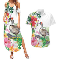 Aloha Hawaii Nene Goose Couples Matching Summer Maxi Dress and Hawaiian Shirt Tropical Flowers Watercolor Stylized LT14 White - Polynesian Pride