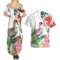 Aloha Hawaii Nene Goose Couples Matching Summer Maxi Dress and Hawaiian Shirt Tropical Flowers Watercolor Stylized LT14 - Polynesian Pride