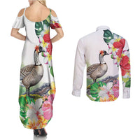 Aloha Hawaii Nene Goose Couples Matching Summer Maxi Dress and Long Sleeve Button Shirt Tropical Flowers Watercolor Stylized LT14 - Polynesian Pride