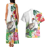 Aloha Hawaii Nene Goose Couples Matching Tank Maxi Dress and Hawaiian Shirt Tropical Flowers Watercolor Stylized LT14 - Polynesian Pride