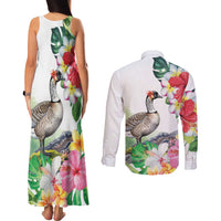 Aloha Hawaii Nene Goose Couples Matching Tank Maxi Dress and Long Sleeve Button Shirt Tropical Flowers Watercolor Stylized LT14 - Polynesian Pride