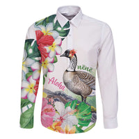 Aloha Hawaii Nene Goose Family Matching Off Shoulder Maxi Dress and Hawaiian Shirt Tropical Flowers Watercolor Stylized LT14 Dad's Shirt - Long Sleeve White - Polynesian Pride