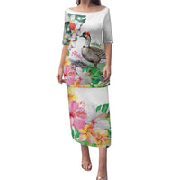 Aloha Hawaii Nene Goose Family Matching Puletasi and Hawaiian Shirt Tropical Flowers Watercolor Stylized LT14 Mom's Dress White - Polynesian Pride