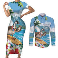 Aloha Hawaii Shaka Nene Goose Couples Matching Short Sleeve Bodycon Dress and Long Sleeve Button Shirt Surfing Take It Easy LT14 Blue - Polynesian Pride